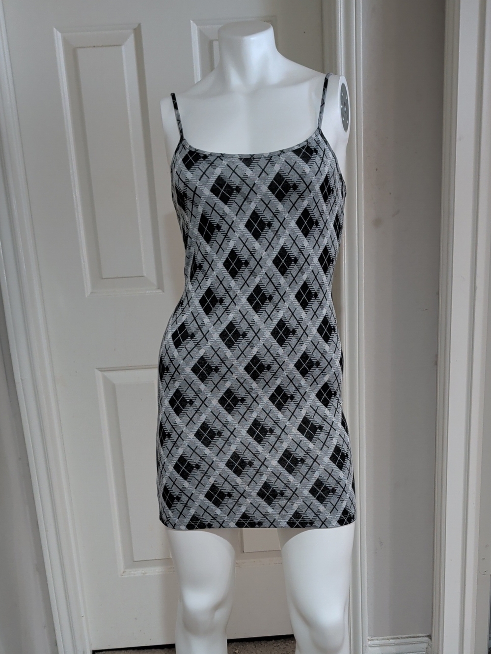 Y2K Popular 21 Argyle Pattern Slip Mini Dress in Black & Gray Retro Women's S